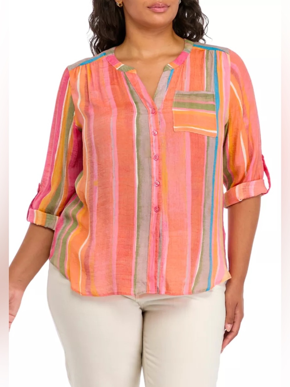 Zac & Rachel Plus Size Roll Tab Tie Front Woven Shirt